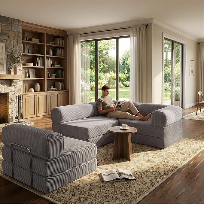 Modular Convertible Sofa Bed 106" L-Shaped with Reversible Chaise, Corduroy Floor Sleeper Boneless Couch, Folding Futon for Living Room, Apartment, Small Spaces, No Assembly Required, Grey