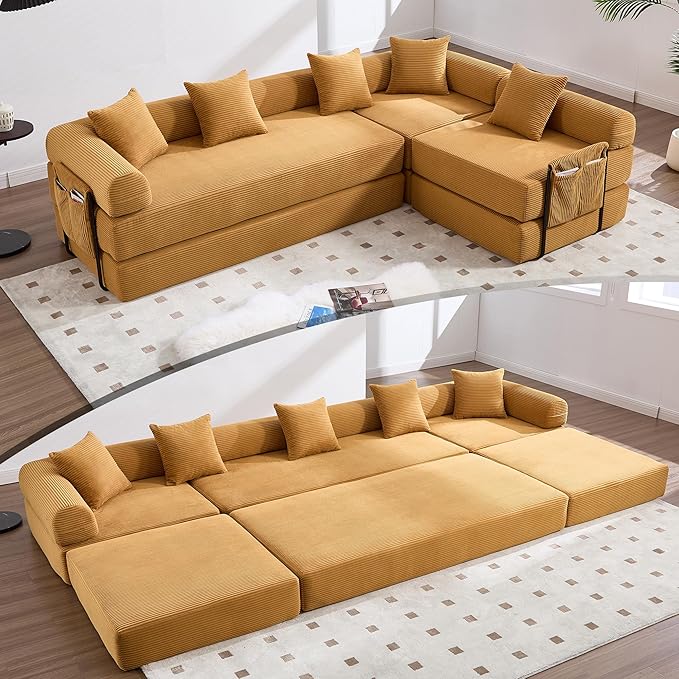 L Shape Convertible Sofa Bed with Cylindrical Pillow and Storage Pocket, Convertible Sofa Couch Bed with Support Frame for Living Room Bedroom Children Room-Yellow