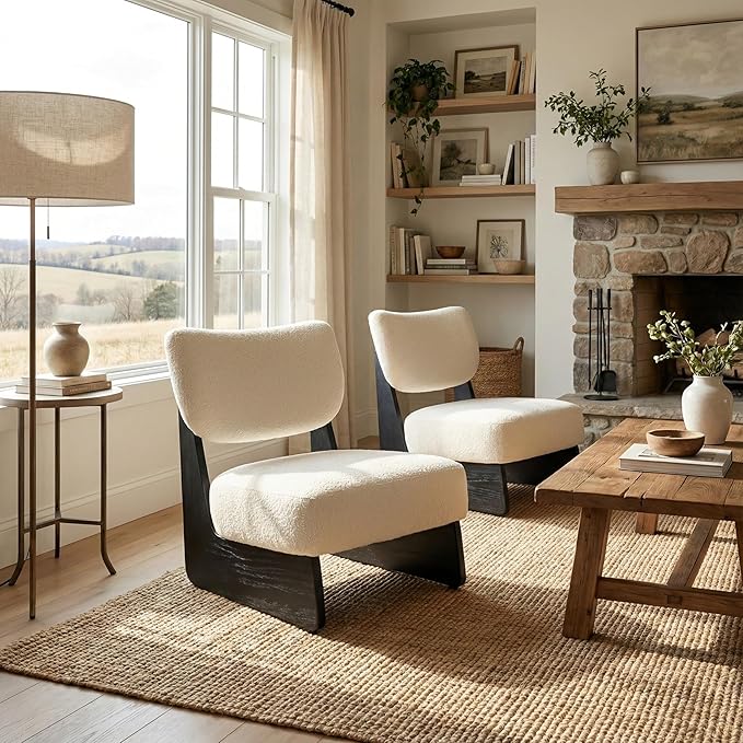 Beige Furry Living Room Chairs Set of 2, Cozy Upholstered Armless Accent Chair for Bedroom, Black Wood Frame, Vintage Modern Lounge Reading Chair for Apartment Waiting Room Office, Beige