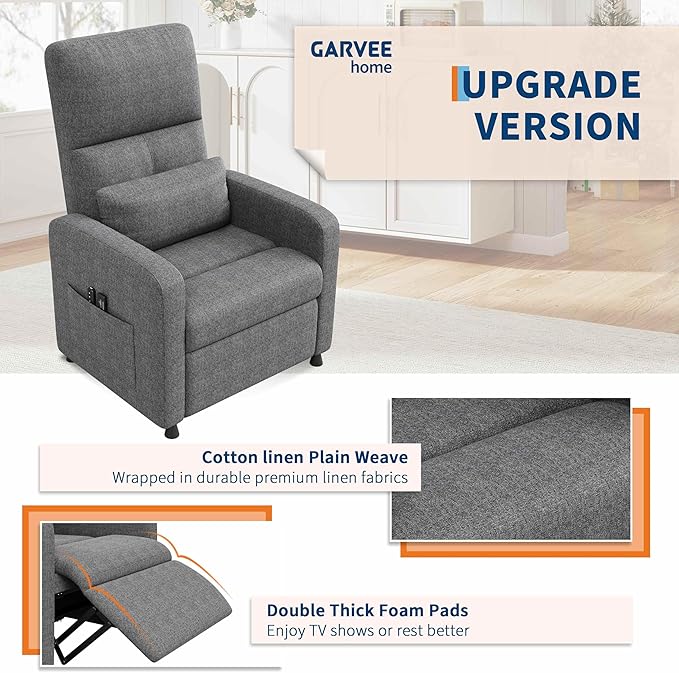 GarveeHome Power Recliner Chair, Adjustable Electric Recliner Ergonomic Overstuffed Single Sofa, Tall Back, Padded Seat, 2 Side Pockets and USB Port, Home Theater Seating for Living Room
