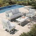 HERA'S HOUSE 4-Piece Patio Furniture Set with Metal & Rattan Design, Includes 2 Swivel, Chairs, 3-Seat Sofa & Marble Coffee Table, All-Weather Outdoor Conversation Set for Garden Backyard, Beige