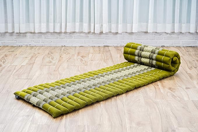 Leewadee - Foldable Floor Mattress - Japanese Roll Up Futon -Trifold Tatami Mat- Guest Floor Bed - Camping Mattress - Thai Massage Mat, Kapok Filled, 75 x 20 inches, Green