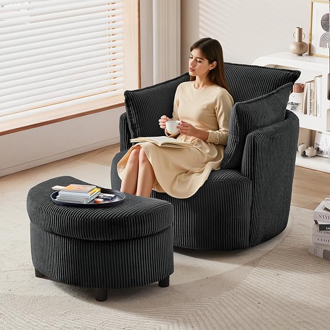 Chorlenimi Swivel Accent Chair Round Barrel Armchair Upholstered Living Room Chair Corduroy Reading Chair Single Sofa Chair for Bedroom Apartment Office (Black, Standard 1Seater+ Ottoman)