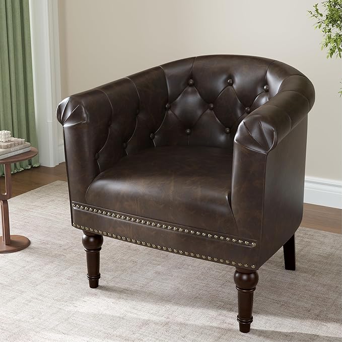 DREAMSIDEA Accent Chair, Upholstered Faux Leather Barrel Chair with Nailed Trim, Comfy Club Armchair for Reading Living Room Bedroom Waiting Room-Chocolate, Set of 1