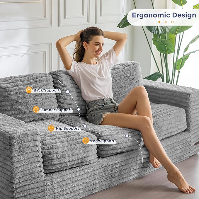 MAXYOYO 3-Seater Boneless Sofa Couch, Modern Faux Fur Sofa for Living Room, Soft Bean Bag Chair High-Density Foam Couch with Pillows, No Assembly Required