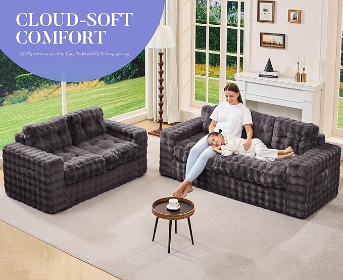 Hobestluk Sofa Couch Loveseat Sofa with Bubble Fabric 2-Seater Sofa for Small Spaces Comfortable Foam Floor Sofa 2 in 1 boneless couch for Living Room Bedroom Apartment or Office (Dark Grey, Loveseat)