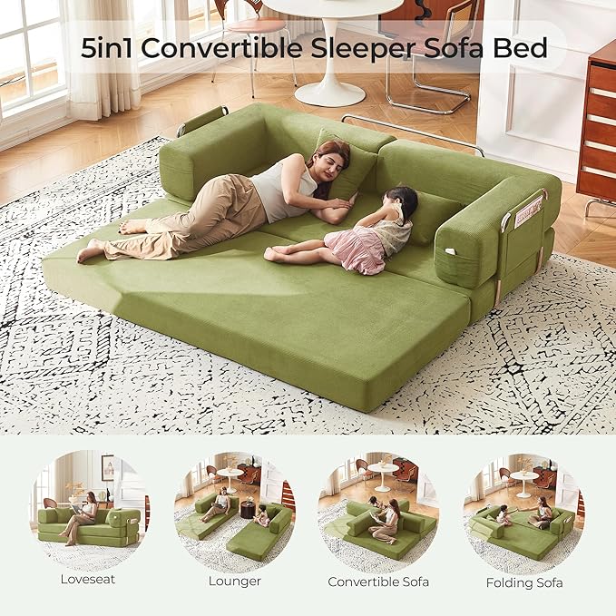 79" Convertible Sofa Bed with Pillows, Corduroy Folding Sleeper Sofa with Fixed-Shape Frame, Boneless Couch for Living Room Bedroom, Floor Sofa Lounge No Assembly Required (A - Style - Olive Green)