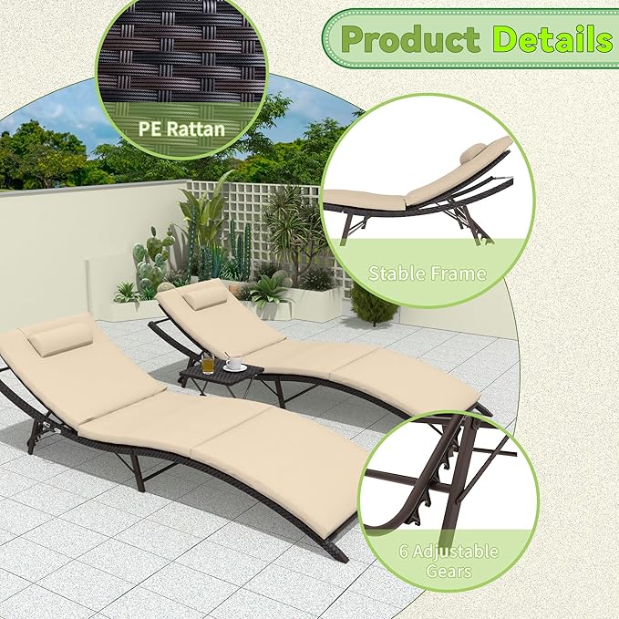 Trumbeak Patio Chaise Lounge Set 3 Pieces Pool Lounge Chairs,Cushioned Outdoor Folding Lounge Chair w/Rattan Adjustable Backrest for Poolside Porch,Folding Table Included,Sand