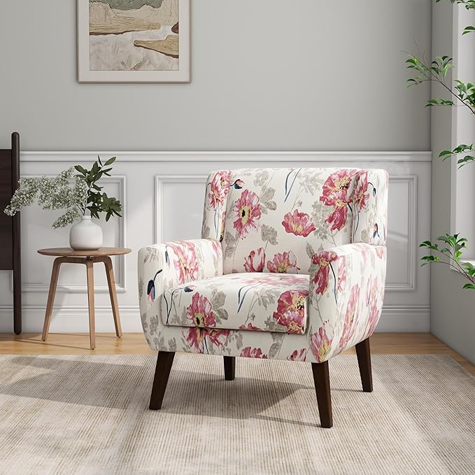 DREAMSIDEA Accent Chair, Modern Linen Blend Arm Chair for Living Room, Bedroom, Comfy High-Resilient Sponge Reading Chair for Small Spaces (Pattern Pink Floral, Set of 1)