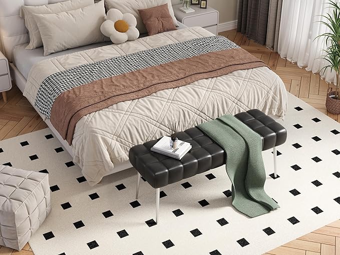 Apicizon 44.5”Bench for Bedroom, Modern Faux Leather End of Bed Bench with Metal Legs, Upholstered Sitting Bench for Front Door Entrance,Bedroom,Dining Room, Entryway，Black