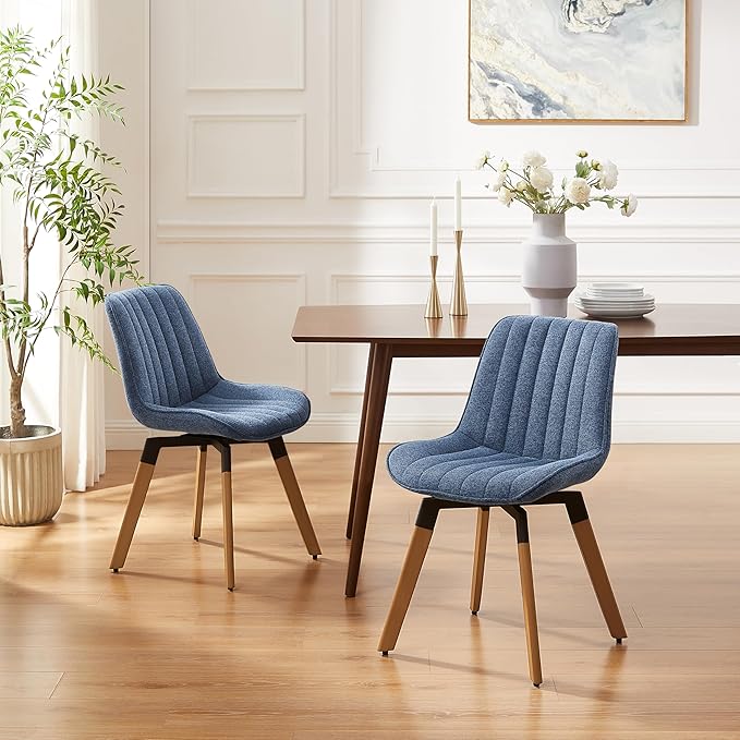 Art Leon Swivel Dining Chairs Set of 2, Mid Century Modern Kitchen Dining Room Chairs, Upholstered Fabric Armless Side Chair with Wood Legs for Living Room Bedroom, Blue