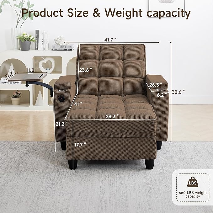 oaaktu Single Modern Comfy Upholstered Chaise Lounge Sofa Chair with Rotating Side Table,Storage,Pillow,USB Charging Ports and Adjustable Backrest Perfect for Living Room, Small Spaces (Coffee)