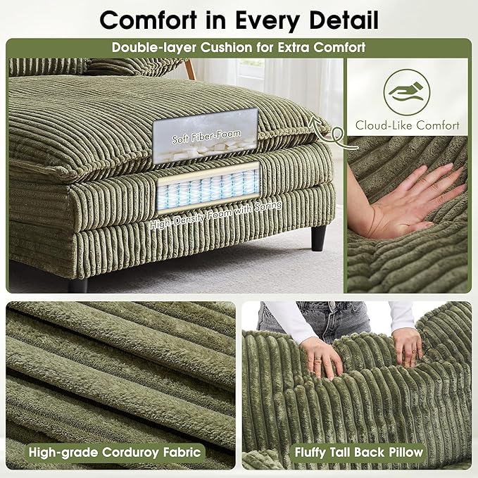 54.8" W Oversized Chaise Lounge Chair Indoor with 5-Position Adjustable Backrest, Corduroy Sleeper Sofa Bed with 3 Pillows, Modern Cloud Couch Chair for Living Room, Bedroom, Green