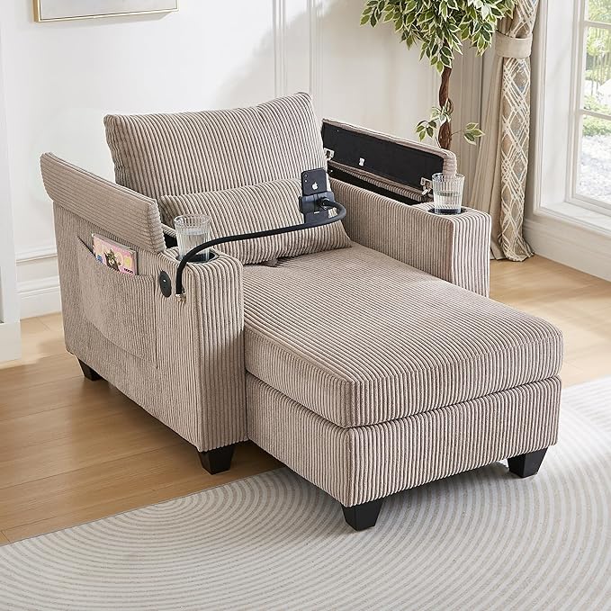 Merax Modern 37.4" Upholstered Indoor Chaise Lounge with USB Ports, Phone & Cup Holders, Single Sofa Couch Sleeper Bed w/Storage Armrest and Soild Legs, Easy Assemble, Brown