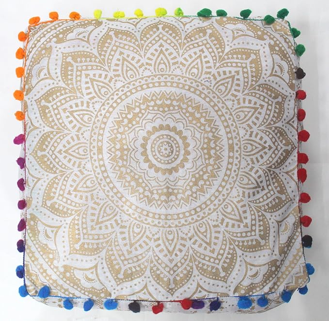 CRAFT KALA 24" Square Large Hippie Mandala Meditation Floor Ottoman Pillow Cushion Pouf Cover Square Poufs Bohemian Circle Floor Cushion Case Outdoor Fireplace Living Room Decor Cover Golden Ombre