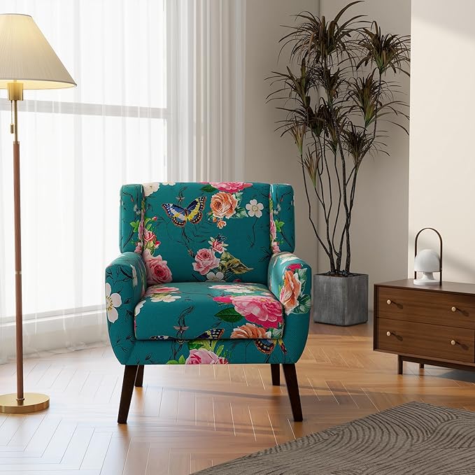 DREAMSIDEA Accent Chair, Modern Linen Blend Arm Chair for Living Room, Bedroom, Comfy High-Resilient Sponge Reading Chair for Small Spaces (Pattern Floral Blue, Set of 2)
