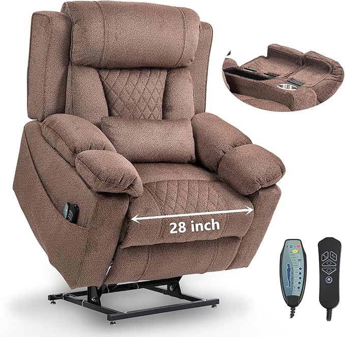 Oversized Lift Assist Recliner Chair with Massage Heating, Extra Wide Lay Flat Recliner Chairs with Lumbar Pillow, Flip Arm Storage Cup Holders and USB Type C Charging for Elderly Sleeping