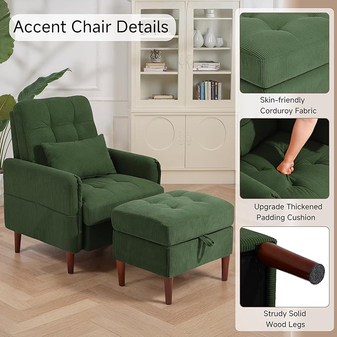 Lumibee Accent Chair with Storage Ottoman, Upholstered Comfy Reading Chair with Adjustable Reclining Backrest, Corduroy Fabric Lounge Chair Armchair for Living Room Bedroom, Green