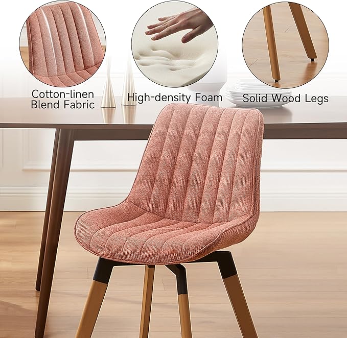 Art Leon Swivel Dining Chairs Set of 2, Mid Century Modern Kitchen Dining Room Chairs, Upholstered Fabric Armless Side Chair with Wood Legs for Living Room Bedroom, Rose