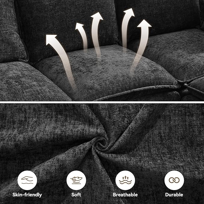 80" Cloud 3 Seater Sectional Modular Couch with Storage Ottoman, Upholstered Storage Sofa Modern Couch Deep Seat, Chenille L Shape Sofa Comfy Couches with Armrests for Living Room, Small Space, Black