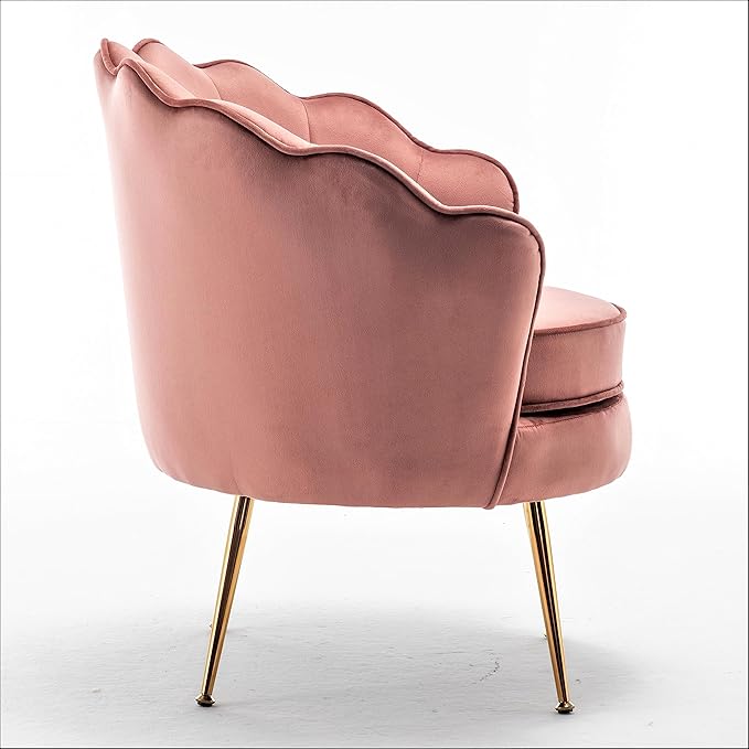 Container Furniture Direct Velvet Barrel Accent Chair with Scalloped Silhouette and Gold Metal Legs, Decorative Piece Suitable for Traditional, Modern, and Contemporary Spaces, Rose