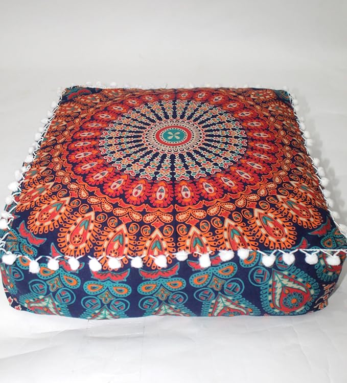 CRAFT KALA Large Hippie Mandala Meditation Floor Ottoman Pillow Cushion Pouf Cover Square Poufs Bohemian Circle Floor Cushion Case Outdoor Fireplace Yoga Living Room Decor Cover Orange, 16" Square