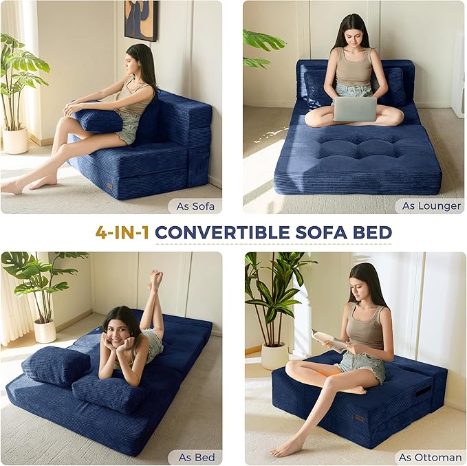 MAXYOYO Convertible Sofa Bed, Fold Out Sleeper Sofa with Pillow, 4 in 1 Tufted Folding Couch Bed Foam Floor Couch, Lazy Chair for Living Room Bedroom Guest Room, Navy