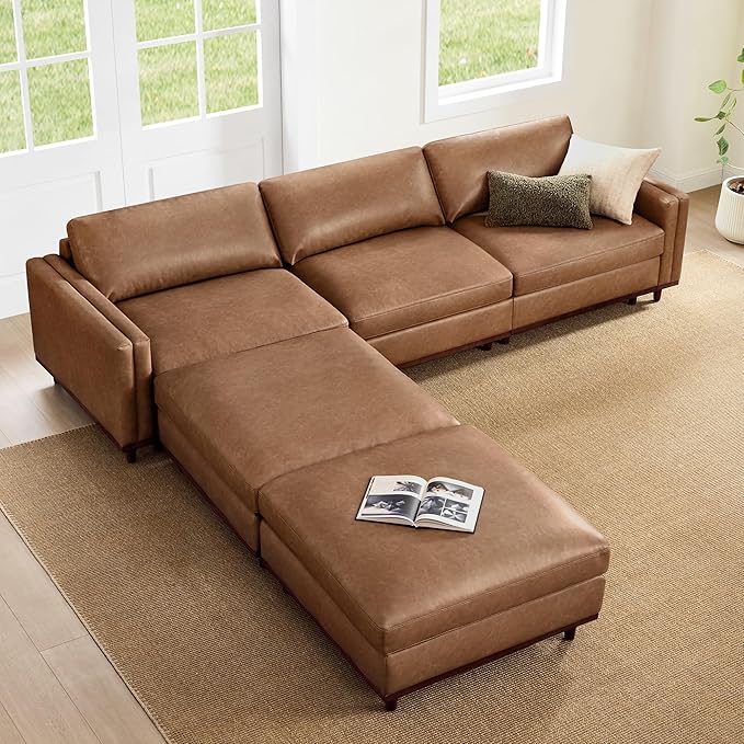 CHITA 118" Super Large Luxury L Shape Convertible Sectional Modular Sofa, FSC Certified Down Filled Modern Sofa, Deep Seat Cloud Couch, 5 Seat Couch with Chaise, Solid Wood Leg, Faux Leather in Camel