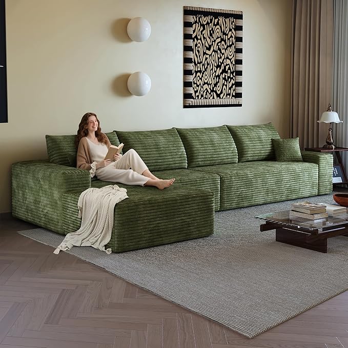 AUGOP 136" Sectional Couches for Living Room Modern Modular Sofa with L-Shape Couchs Upholstered Boneless Couch Deep Seat Sectional Couch with Chaise (Green, Left Facing Chaise+3Seaters)