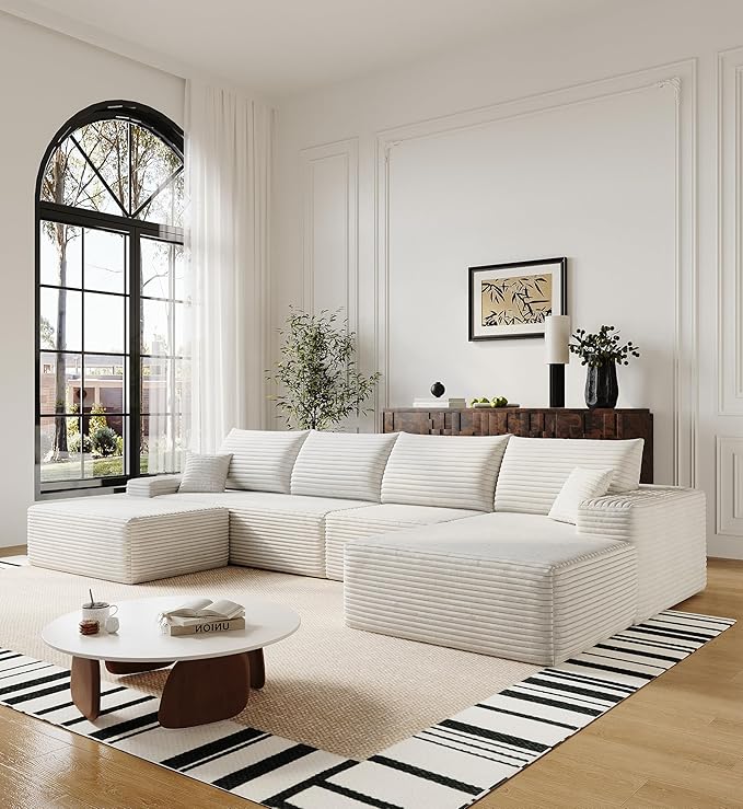 AUGOP 136" Sectional Couches for Living Room Modern Modular Sofa with L-Shape Couchs Upholstered Boneless Couch Deep Seat Sectional Couch with Chaise (White, Right Facing Chaise+3Seaters+Ottoman)