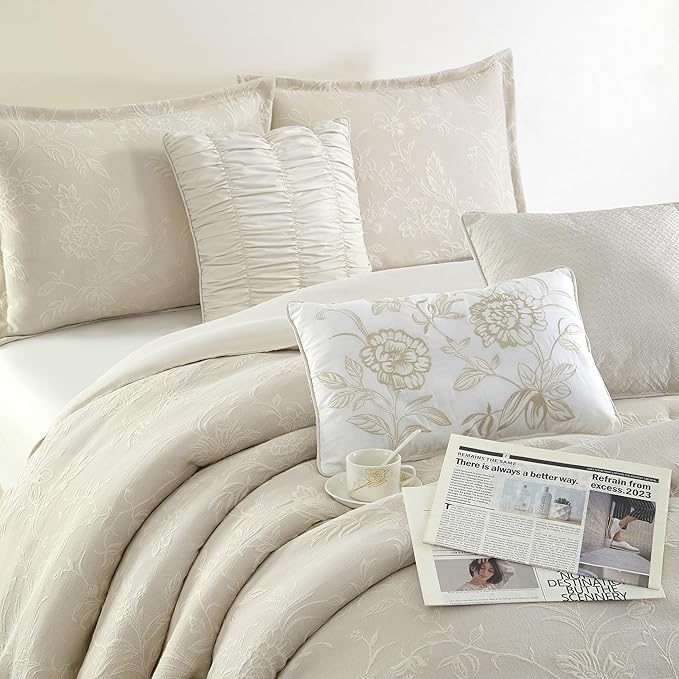 Grand Avenue Beige Cotton Blend Comforter Set, Elegant 7 Piece, Floral Jacquard Queen Size Bedding, All Season, Bedskirt, Pillows & Shams, Home Decor