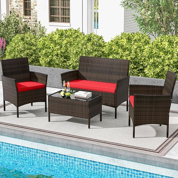 HAPPYGRILL 4 Pieces Outdoor Rattan Conversation Set, Patio Wicker Furniture Set with Loveseat Chairs & Tempered Glass Coffee Table, Outside Sectional Sofa Set for Backyard Garden Poolside, Red
