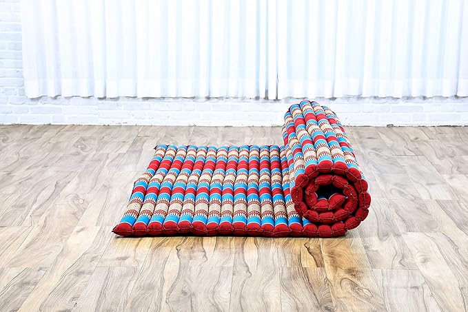 Leewadee - Foldable Floor Mattress - Japanese Roll Up Futon -Trifold Tatami Mat- Guest Floor Bed - Camping Mattress - Thai Massage Mat, Kapok Filled, 75 x 57 inches, Blue Red