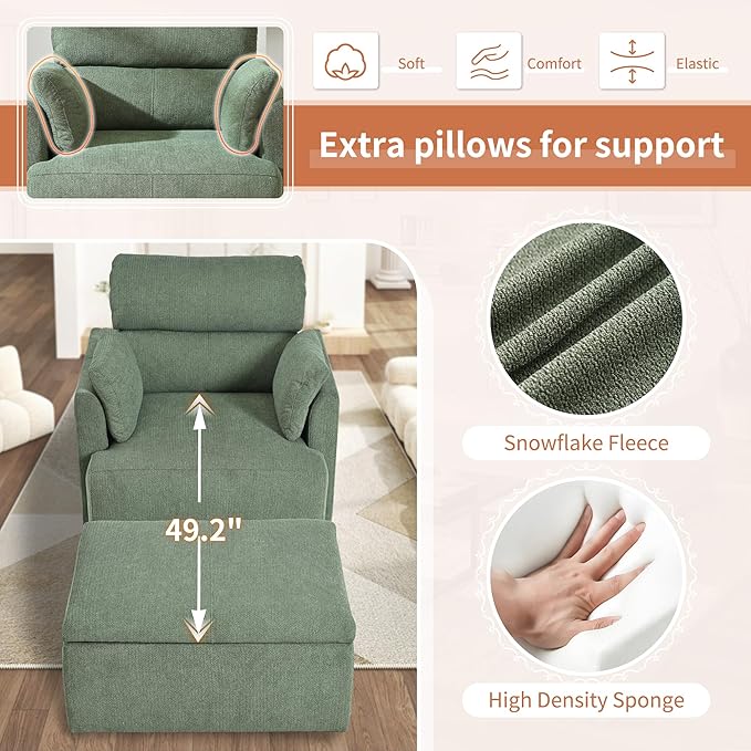 Snowflake Fleece Oversized Accent Chair with Storage Ottoman - 26.57" Wide Deep Seat Reading Chair, Convertible Daybed, 400lbs Capacity for Living Room & Apartment (Green)