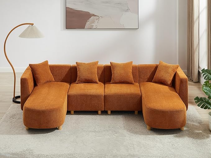 VANOMi 113" Sectional Sofa with 4 Pillows, U-Shaped 4-Seater Comfy Boucle Cloud Couch, Modern Double Chaises Lounge Sofas for Living Room, Office, Apartment (Curry-U)