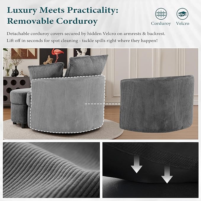 Chorlenimi Swivel Accent Chair Round Barrel Armchair Upholstered Living Room Chair Corduroy Reading Chair Single Sofa Chair for Bedroom Apartment Office (Grey, Upgrade 1Seater+ Ottoman)