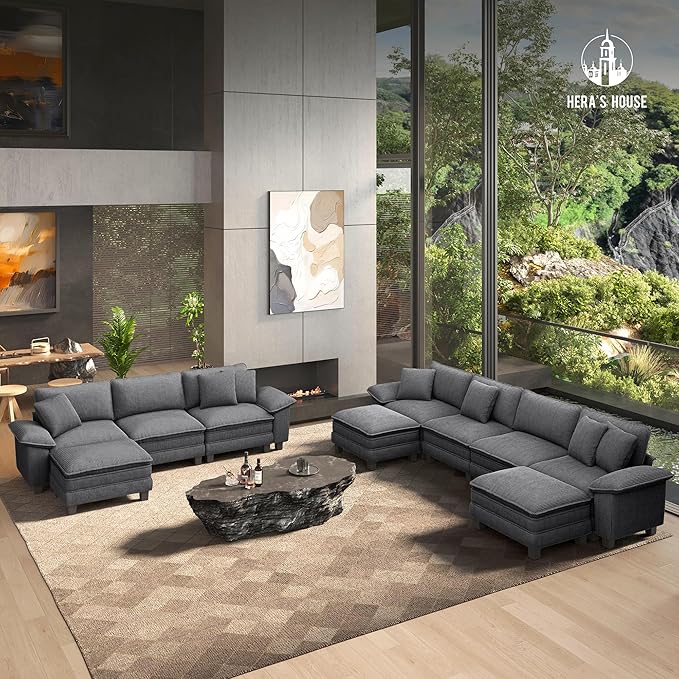 HERA'S HOUSE 158" Modular Sectional Sofa, Oversized Couches for Living Room, Comfy Cloud Couch 4-Seater Deep Seat Sofa with Throw Pillow, Corduroy Grey