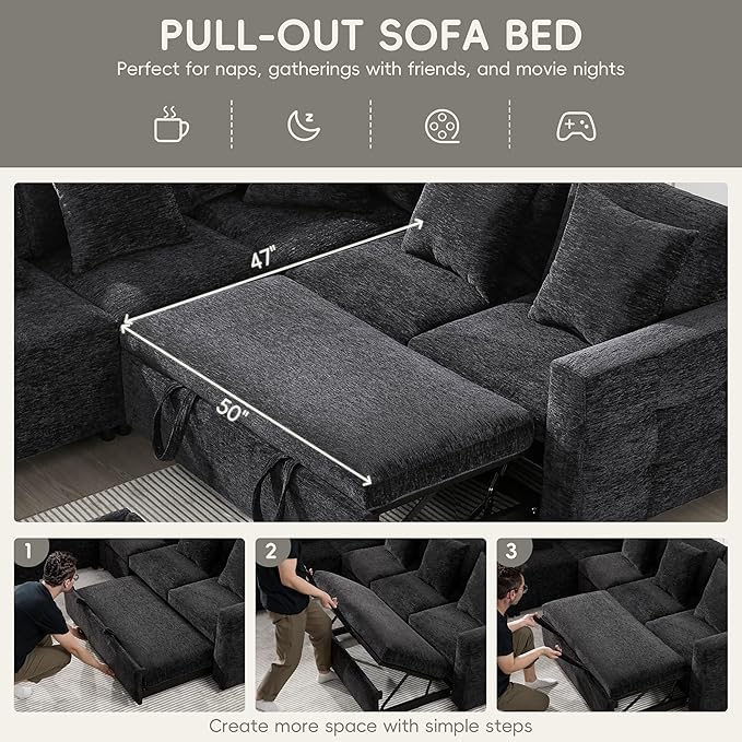 Furnimart Oversized Modular Sectional Pull-Out Sofa with Flip-up Table Panel, Reading Lamp, Charging Ports, Movable Storage Ottoman, Tufted Design, 6 Pillows, Free Combination, Chenille Beige