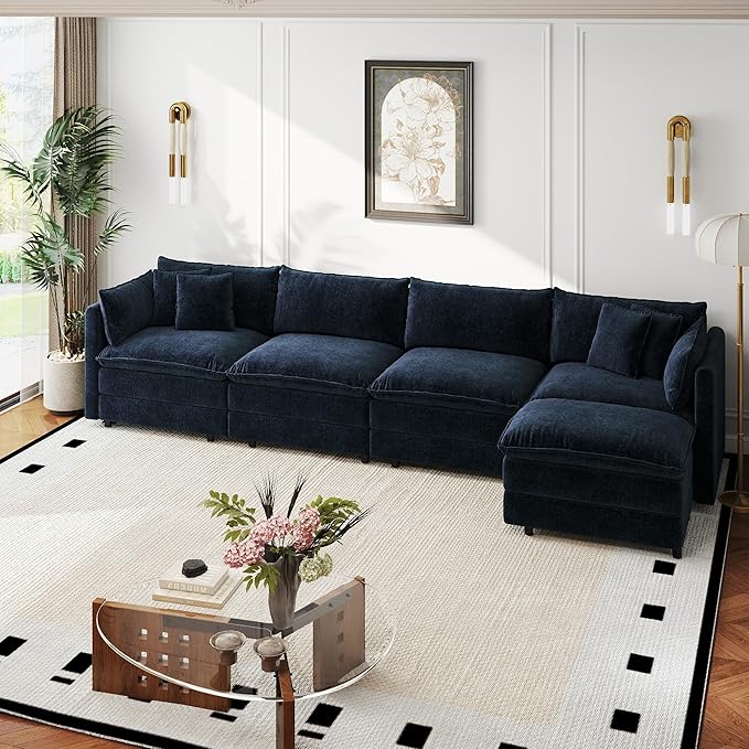 Aoowow Modular Sectional Sofa Modern Convertible L Shaped Couch,147.2 Inch Deep 4-Seater Sofas Set Comfy Chenille Cloud Sofas and Couches with Movable Ottoman for Living Room Apartment（Blue）