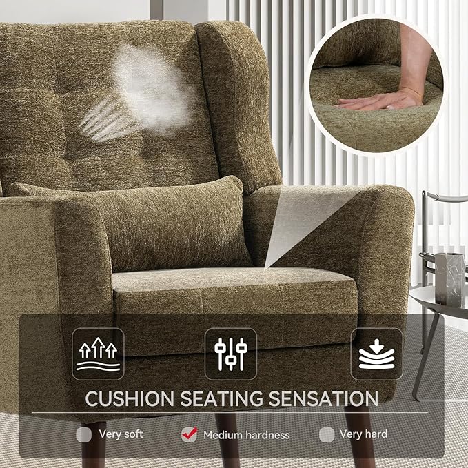 QKFF Modern Accent Chair, Upholstered Armchair with Pillow, Fabric Single Sofa Chair with Lounge Seat and Wood Legs Accent Chair for Living Room Bedroom Small Spaces (Avocado, Set of 2)