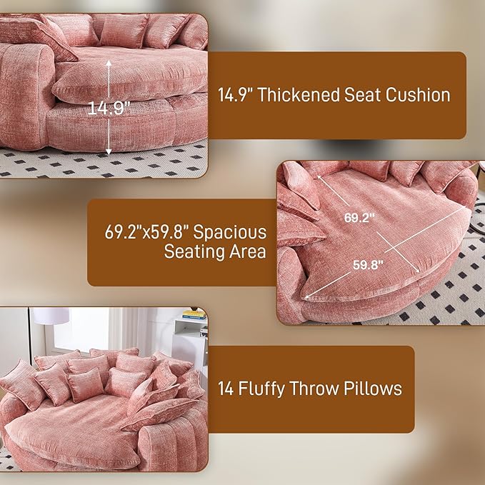 81" Oversized Bean Bag Chair Boneless Round Chaise Lounge Comfy Chenille Reading Chair Fluffy Plush Sofa Bed Large Deep Seat Circle Cloud Couch for Living Room, Bedroom, Apartment, Pink