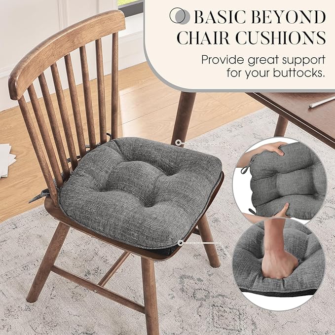 Basic Beyond Chair Cushions for Dining Chairs 4 Pack, Chair Cushion with Ties and Non Slip Backing, 15.5 x 15.5 inches Tufted Kitchen Chair Pads for Dining Chairs(Dark Grey)