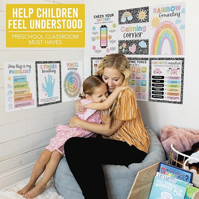 Hadley Designs 9 Calming Corner Posters For Classroom Must Haves For Teachers - 11x14 Calm Down Corner Supplies, Feelings Chart For Kids Ages 4-8, Feelings Wheel Poster, Pastel Classroom Decor