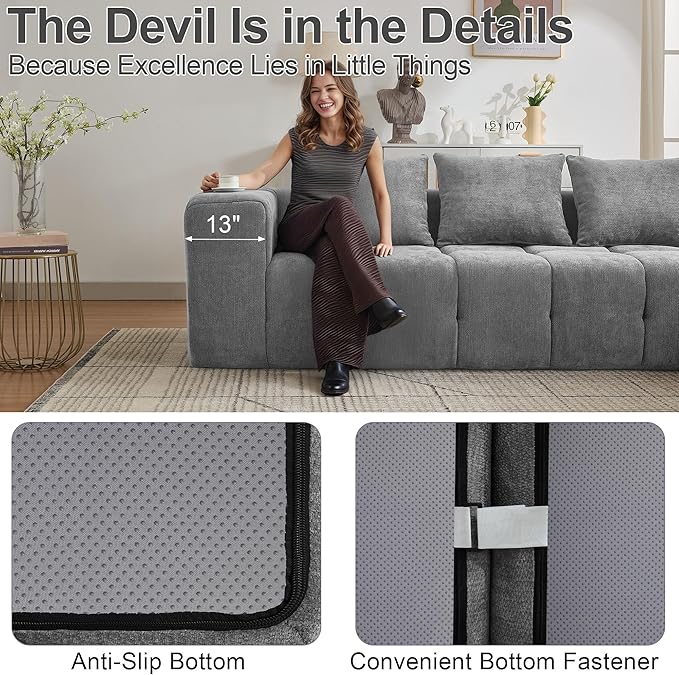 119" Boneless Couch, Cloud Sectional Couch with Deep Seat, High-Density Memory Foam and Chaise, Sectional L Shaped Sofa, Boneless Couches for Living Room, Tufted Sofa No Assembly Needed, Light Grey