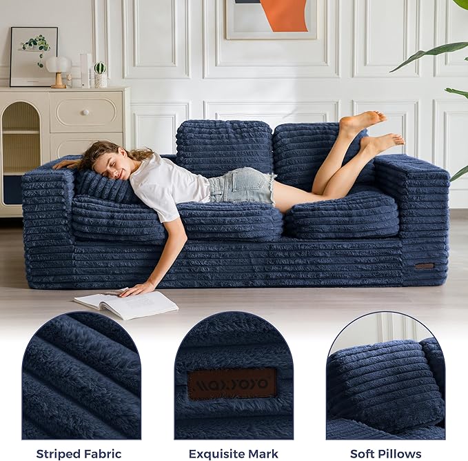MAXYOYO 3-Seater Boneless Sofa Couch, Modern Faux Fur Sofa for Living Room, Soft Bean Bag Chair High-Density Foam Couch with Pillows, No Assembly Required