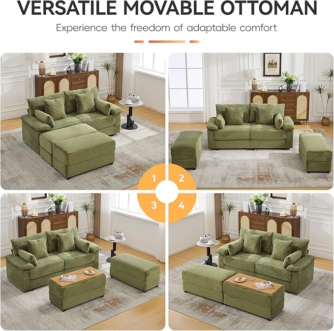 75" Corduroy Loveseat with Storage Ottoman & USB, Cloud Deep Seat Couch with Convertible Ottoman Coffee Table, Double Chaise Lounge for Living Room, Green