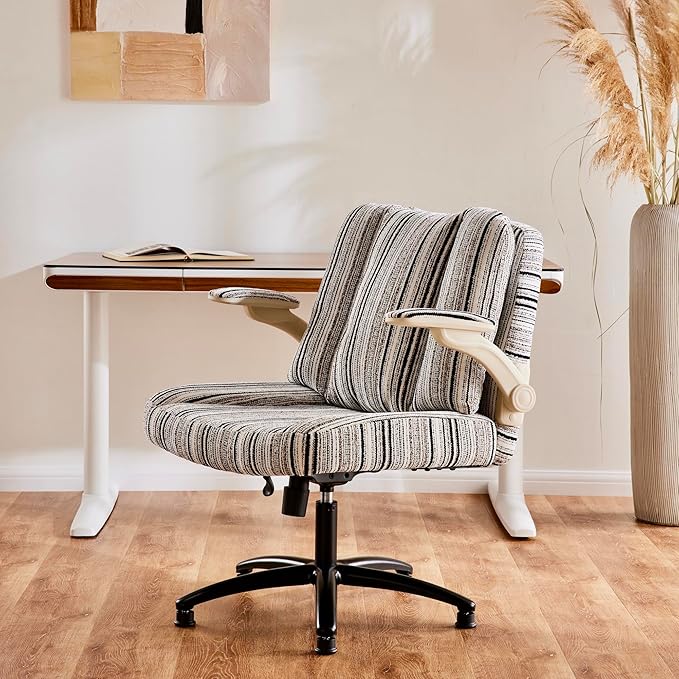 Pipersong Criss Cross Chair with Arms, Plus Size Cross Legged Desk Chair with Flexible Back Cushion, Adjustable Arm Rest, Extra Wide Seat, 350lbs Fabric Home Office Chair with Castors and Bell Glides