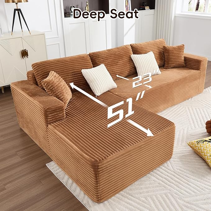 Opiesit 108" Boneless Couches for Living Room, Modular Sectional Sofa with Oversized Chaise, L-Shape Cloud Couch with Deep Seat, High-Density Memory Foam, No Assembly Required, Plush Corduroy Brown