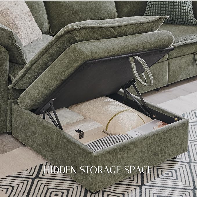 85.83" Sectional Couches for Living Room, Cloud Couch Sectional with Large Storage Ottoman, U-Shape Modular Sectional Sofa with 5 Seater Chenille Sofa and Pillow for Apartment, Bedroom, Green