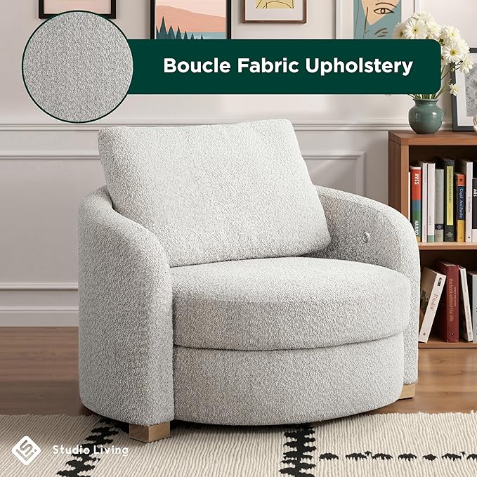 Studio Living® Manchester 44.1" Storage Chair, Modern Farmhouse, Pocket Coil Comfort, USB A & C Power, Easy Assembly, Boucle Fabric, Ivory